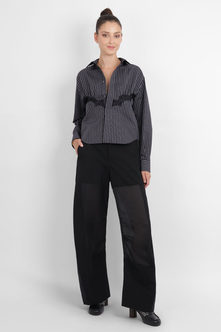 SACAI RTW Stripe Poplin Shirt with Lace Detail | Navy Stripe