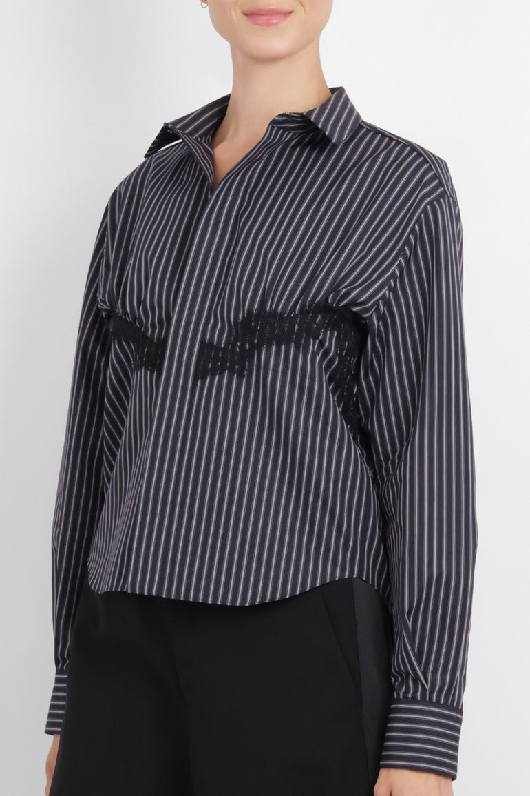 SACAI RTW Stripe Poplin Shirt with Lace Detail | Navy Stripe