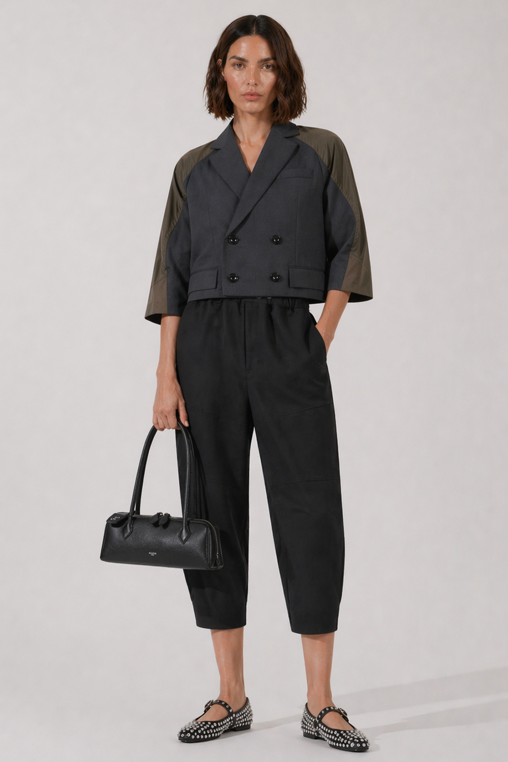 SACAI RTW Suiting X Twill Oversize Double Breast Jacket | Grey/Khaki