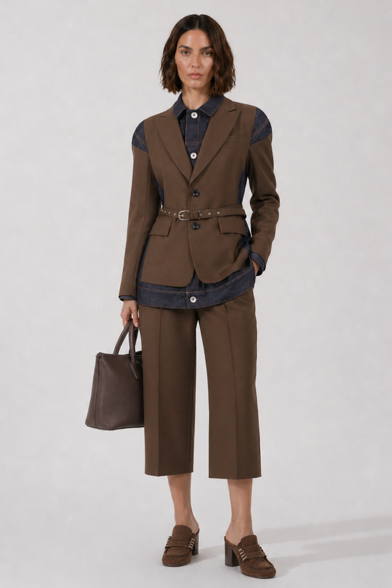 SACAI RTW Suiting X Denim Single Breast Belt Jacket | Brown/Indigo