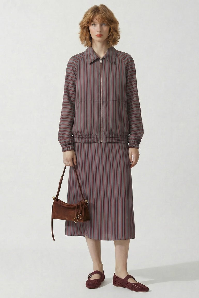 DRIES VAN NOTEN RTW Susya Stripe Midi Skirt | Burgundy/Grey
