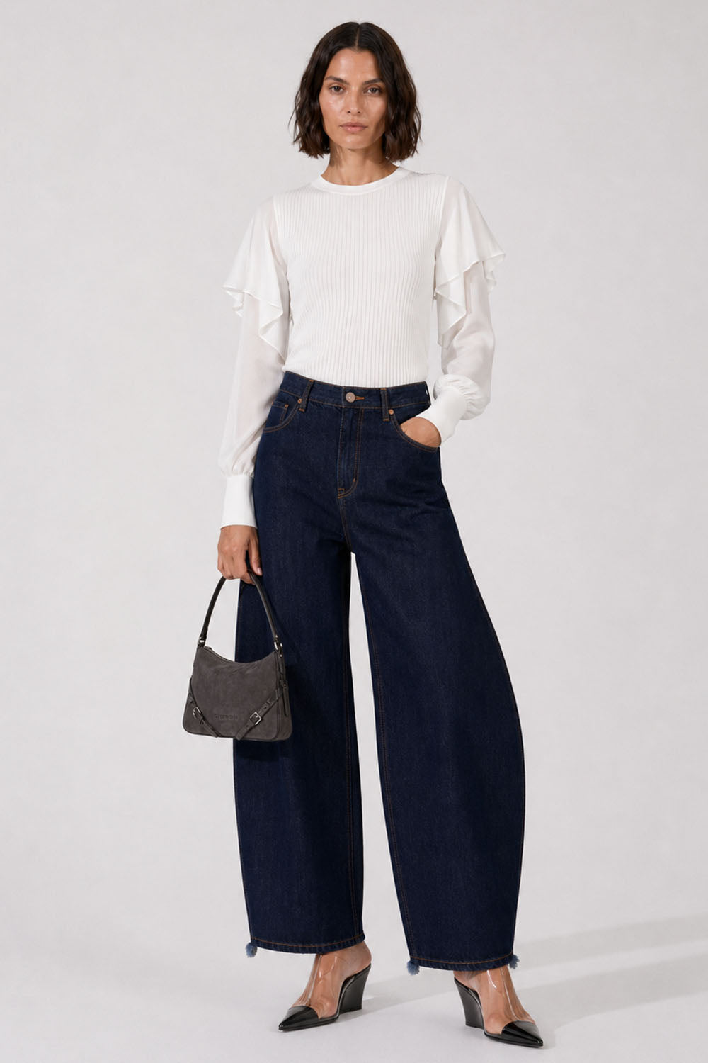 SACAI RTW L/S Silky X Knit Pullover With Tiered Flutter Sleeves | Off White