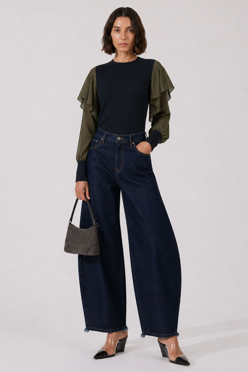 SACAI RTW L/S Silky X Knit Pullover With Tiered Flutter Sleeves | Navy/Khaki