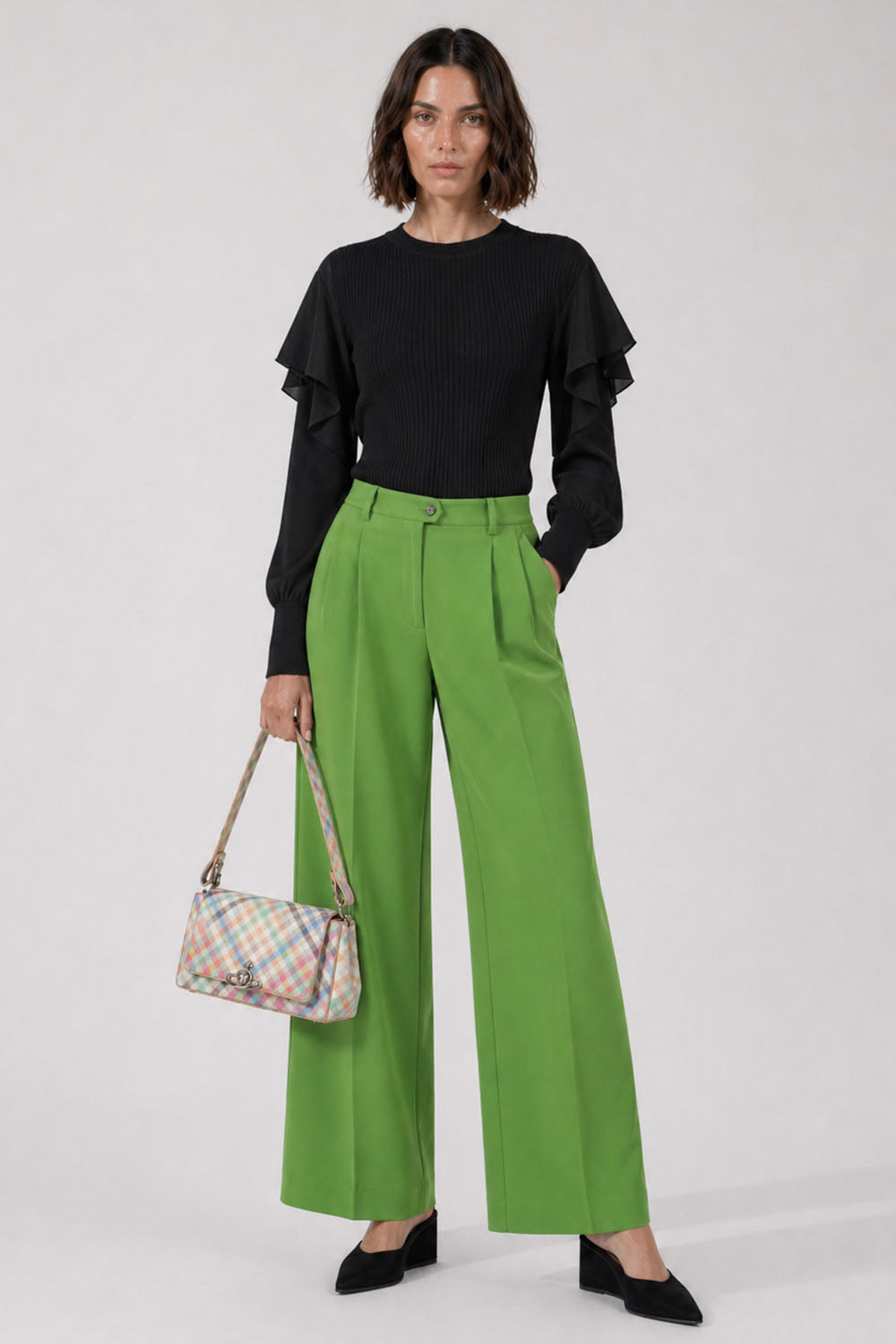 SACAI RTW L/S Silky X Knit Pullover With Tiered Flutter Sleeves | Black