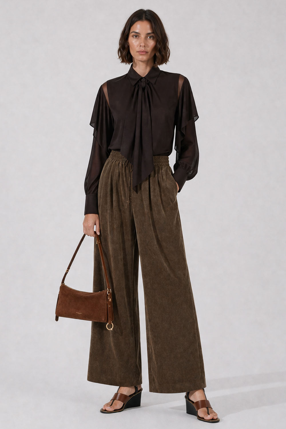 SACAI RTW L/S Silky Shirt With Tiered Flutter Sleeves | Brown