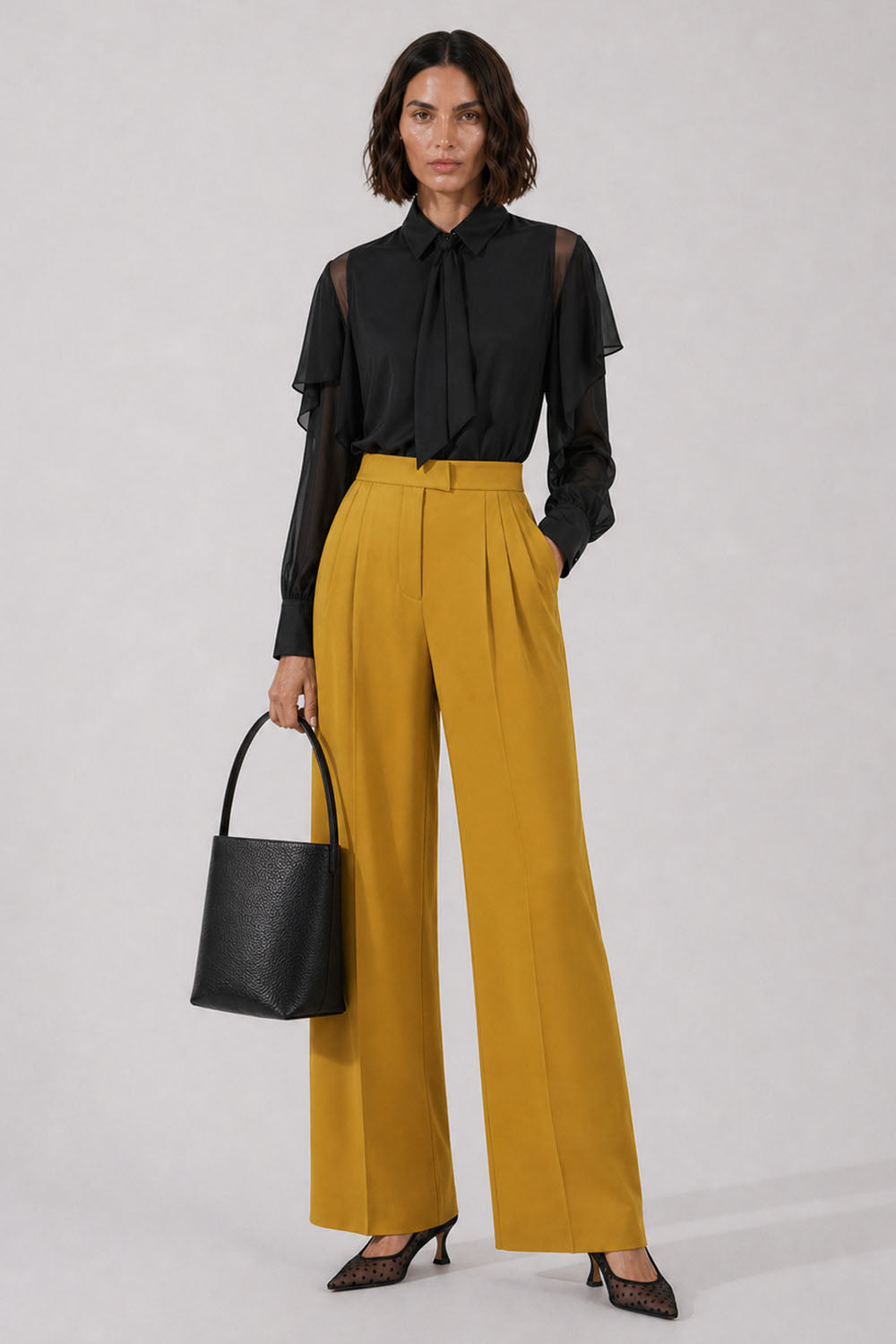 SACAI RTW L/S Silky Shirt With Tiered Flutter Sleeves | Black