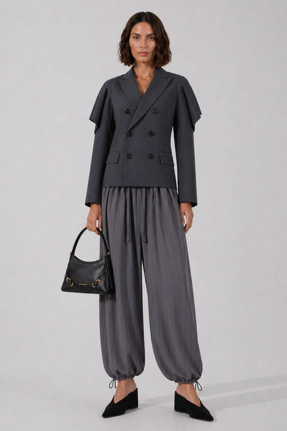 SACAI RTW Suiting Double Breast Jacket With Cowl Sleeves | Grey