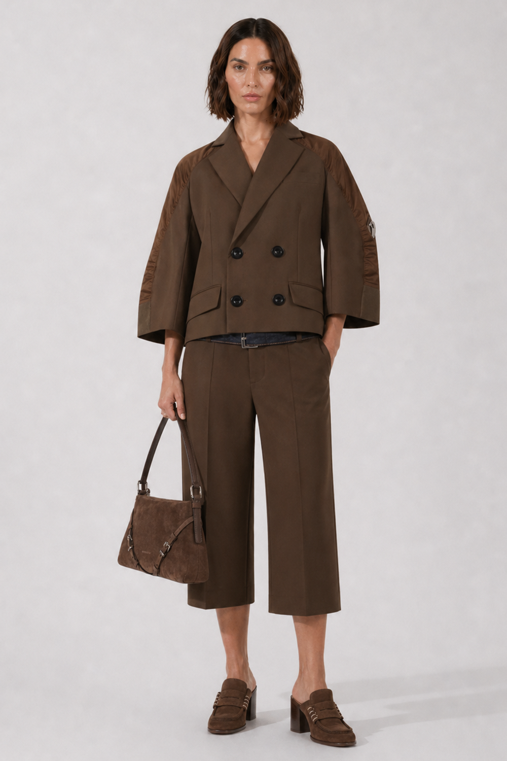 SACAI RTW Suiting X Denim Wide Leg Crop Pant | Brown/Indigo