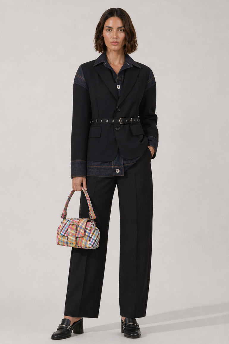 SACAI RTW Suiting X Denim Single Breast Belt Jacket | Black/Indigo
