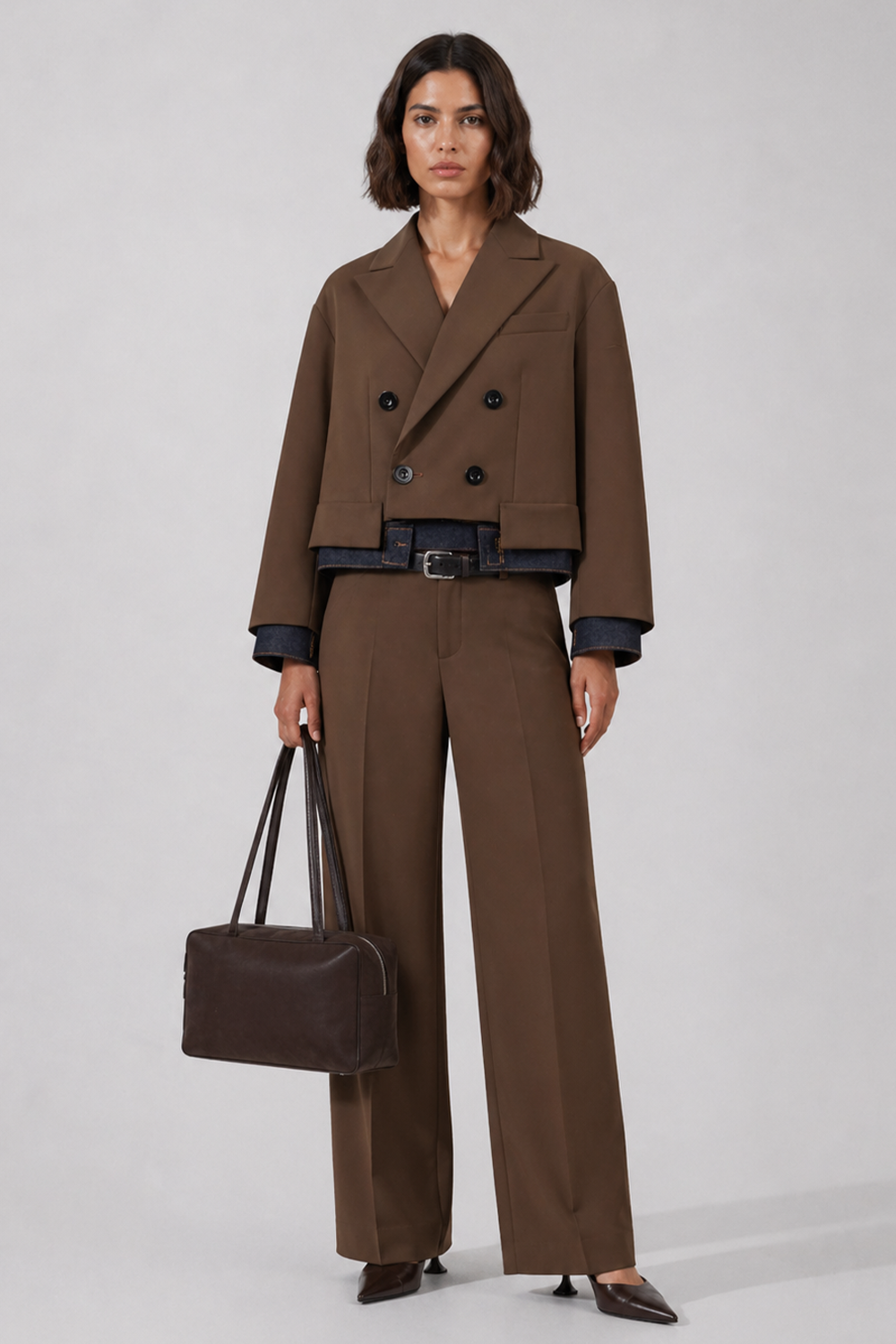 SACAI RTW Suiting X Denim Oversize Double Breast Jacket | Brown/Indigo