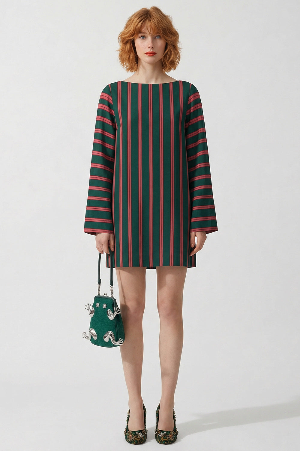 DRIES VAN NOTEN RTW Charlie Fluid Stripe Blouse Mini Dress | Bottle Green/Burgundy
