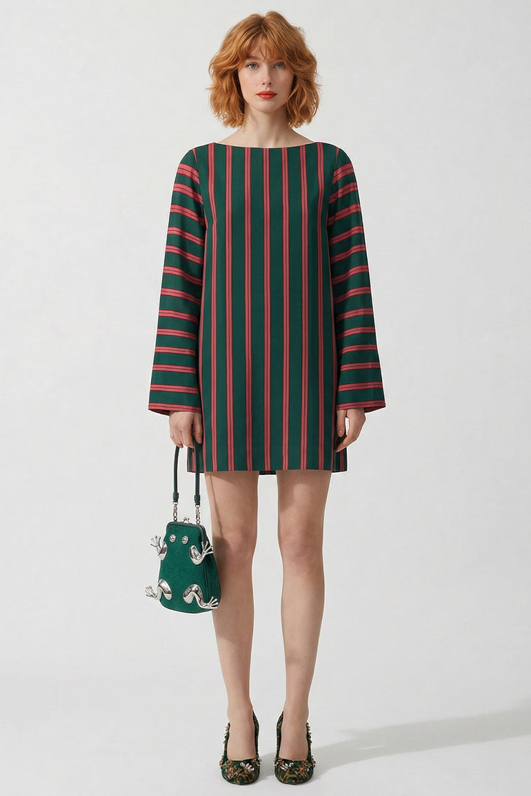 DRIES VAN NOTEN RTW Charlie Fluid Stripe Blouse Mini Dress | Bottle Green/Burgundy