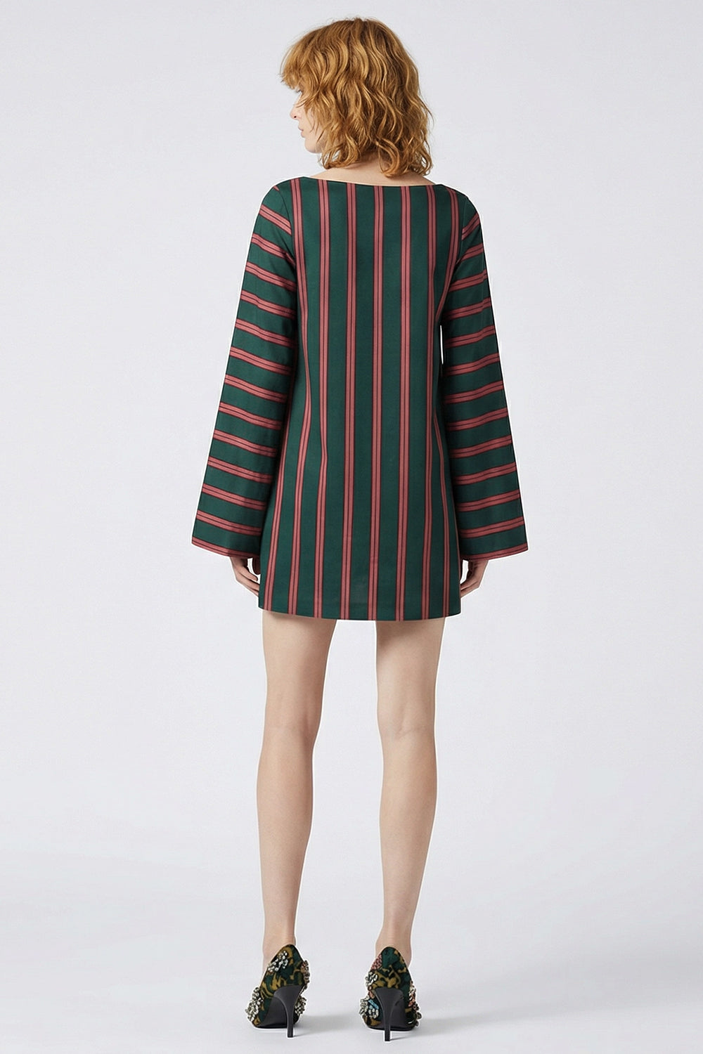 DRIES VAN NOTEN RTW Charlie Fluid Stripe Blouse Mini Dress | Bottle Green/Burgundy