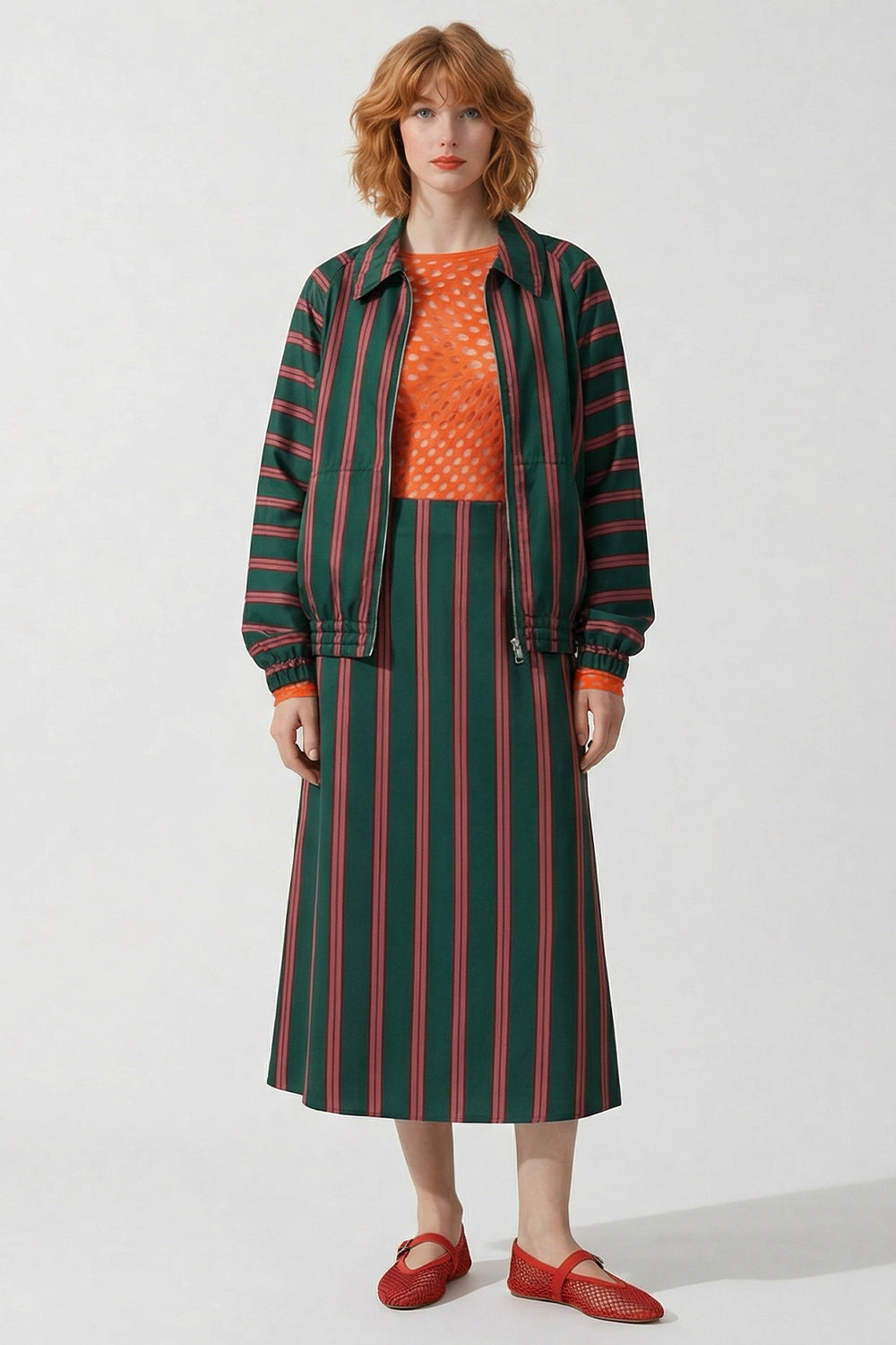 DRIES VAN NOTEN RTW Susya Stripe Midi Skirt | Bottle Green/Burgundy