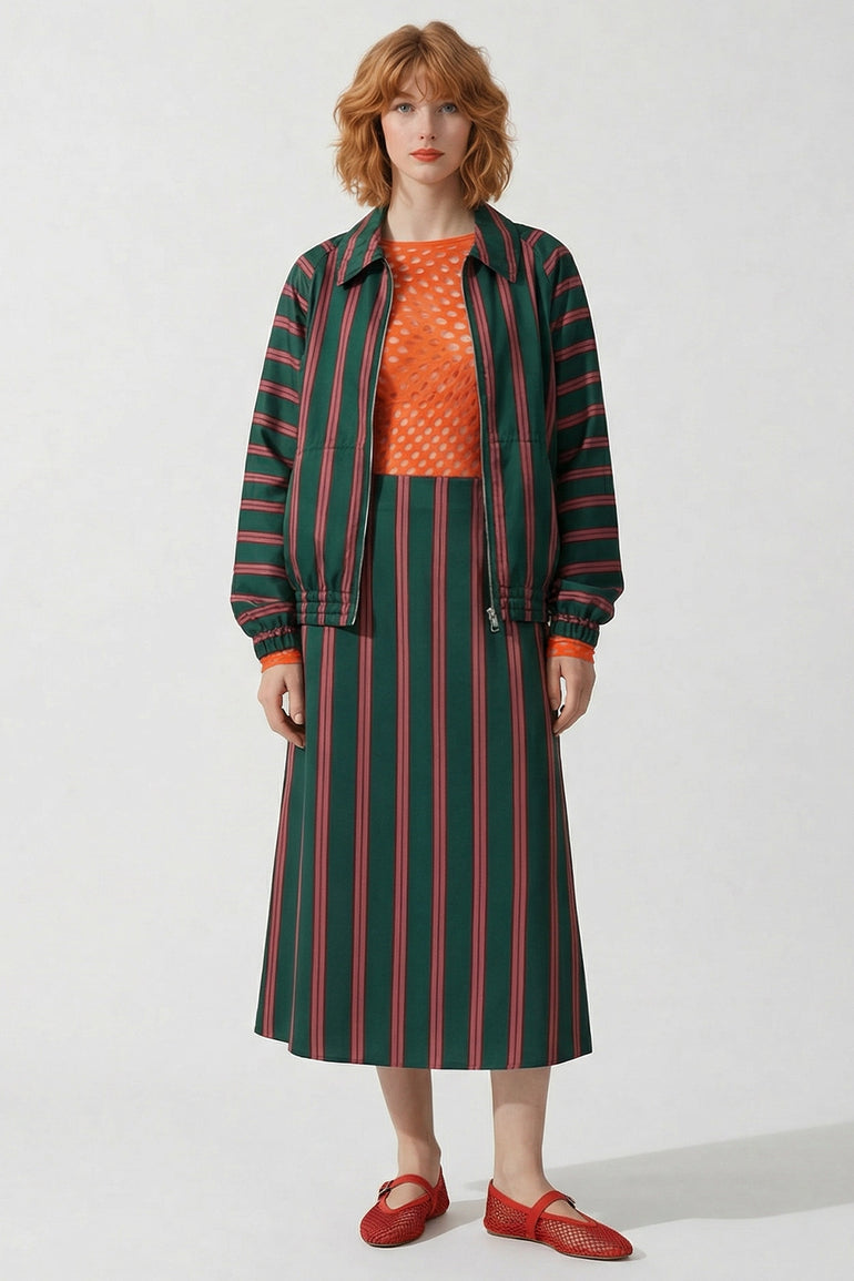 DRIES VAN NOTEN RTW Susya Stripe Midi Skirt | Bottle Green/Burgundy