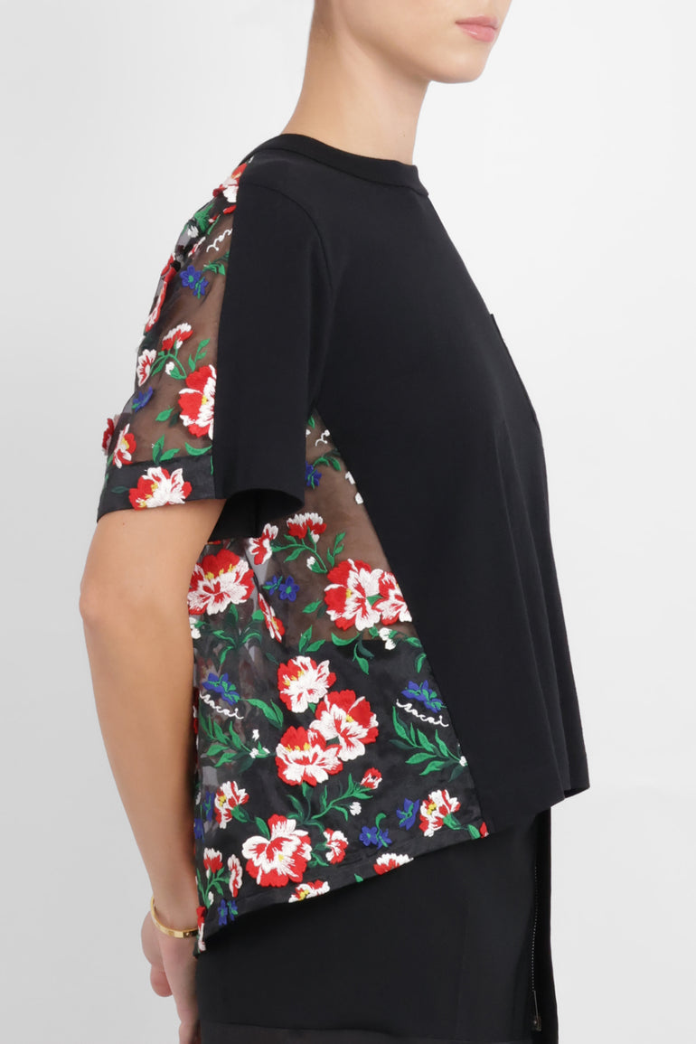 SACAI RTW T-Shirt with Floral Mesh Panel | Black