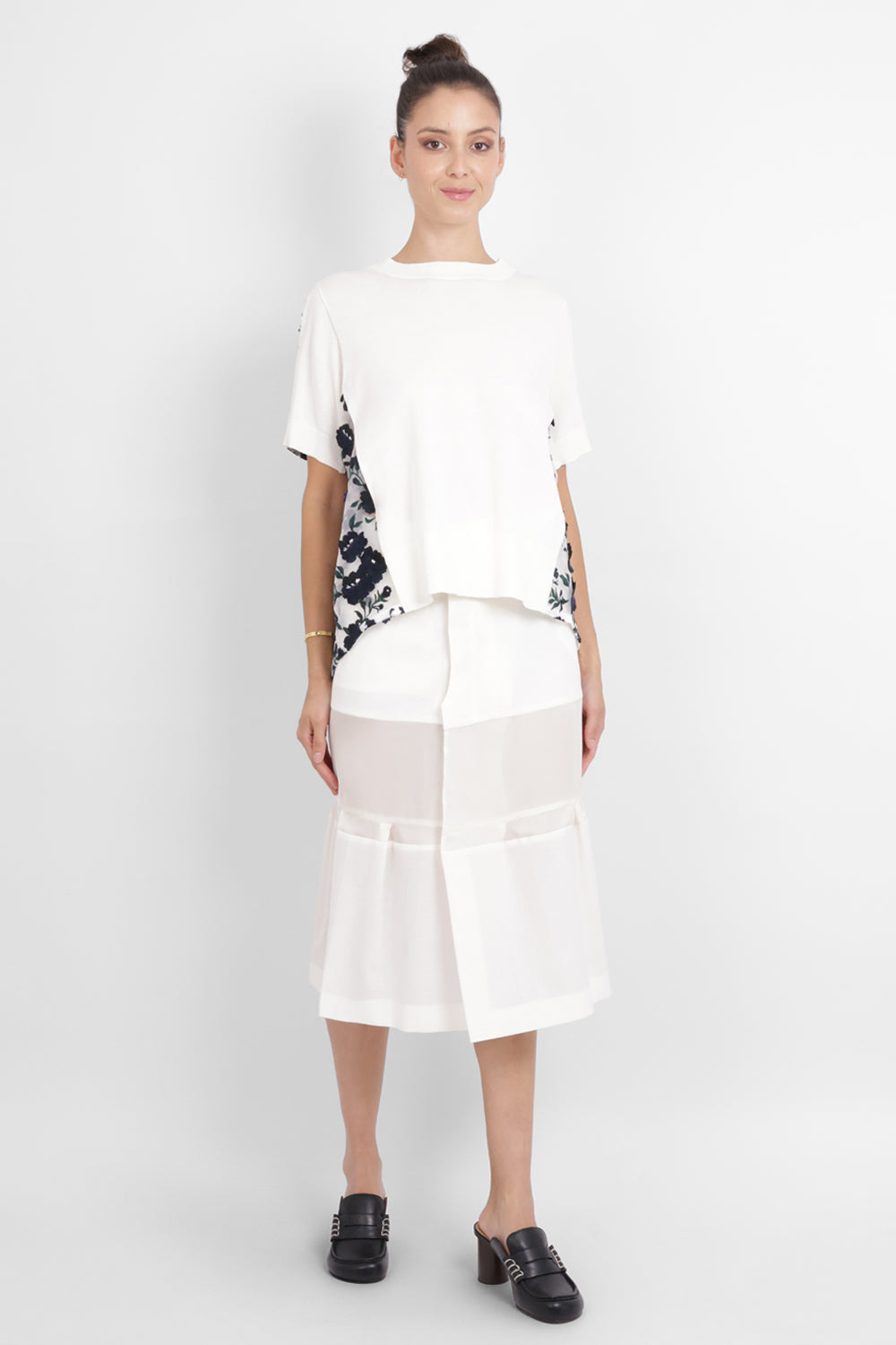 SACAI RTW Floral Embroidery Mesh Panel X Knit | White