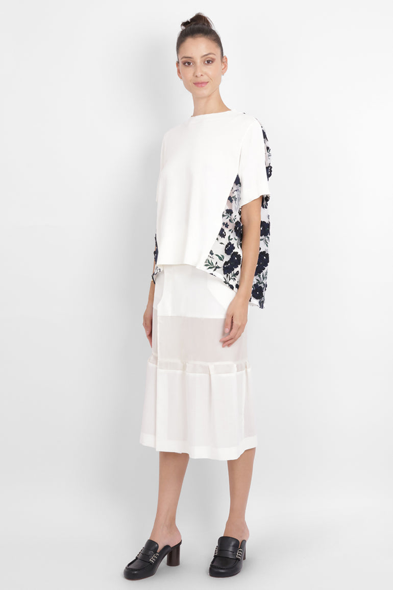 SACAI RTW Floral Embroidery Mesh Panel X Knit | White