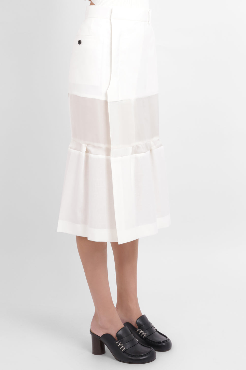 SACAI RTW Sheer Panel Layered Midi Skirt | Off White