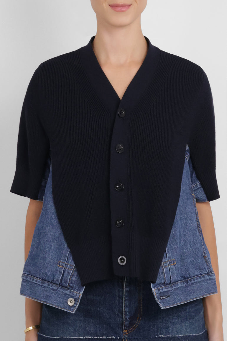 SACAI RTW Denim Knit Cardigan Top | Navy/Blue