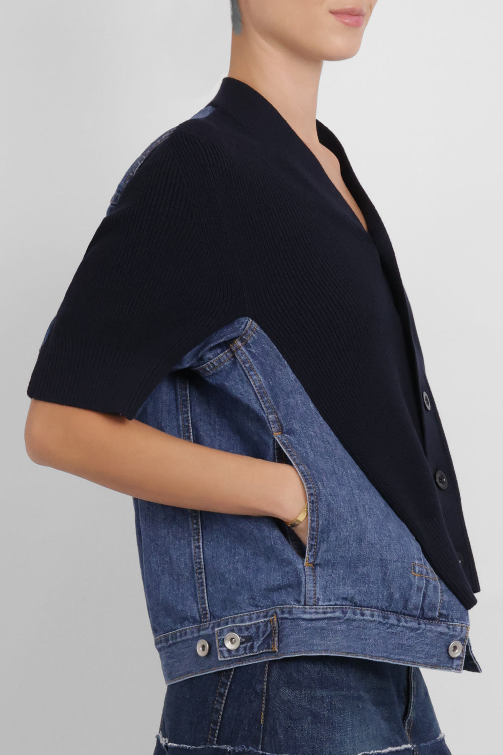 SACAI RTW Denim Knit Cardigan Top | Navy/Blue