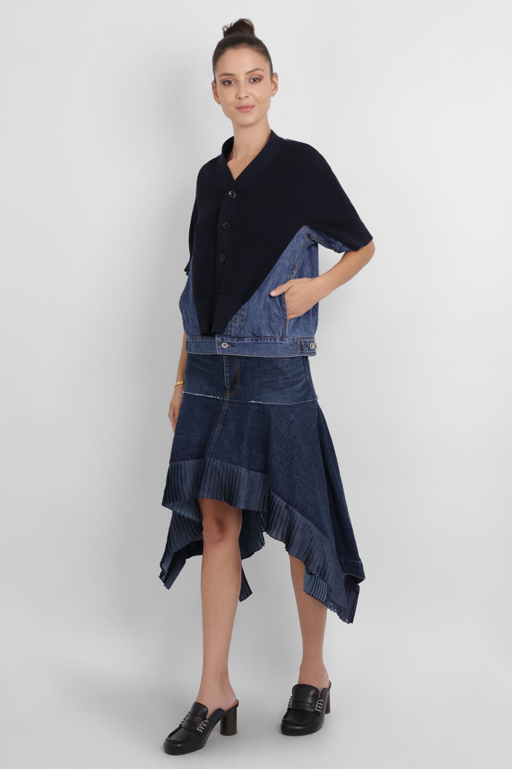 SACAI RTW Denim Knit Cardigan Top | Navy/Blue