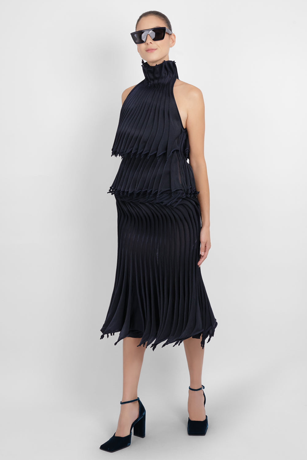 ALAIA RTW Low-Waist Gradient 3D Pleat Midi Skirt | Midnight