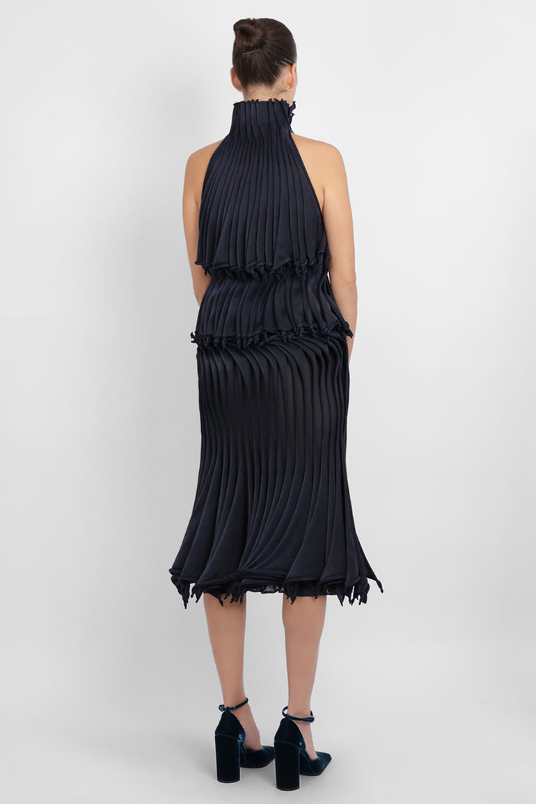 ALAIA RTW Low-Waist Gradient 3D Pleat Midi Skirt | Midnight