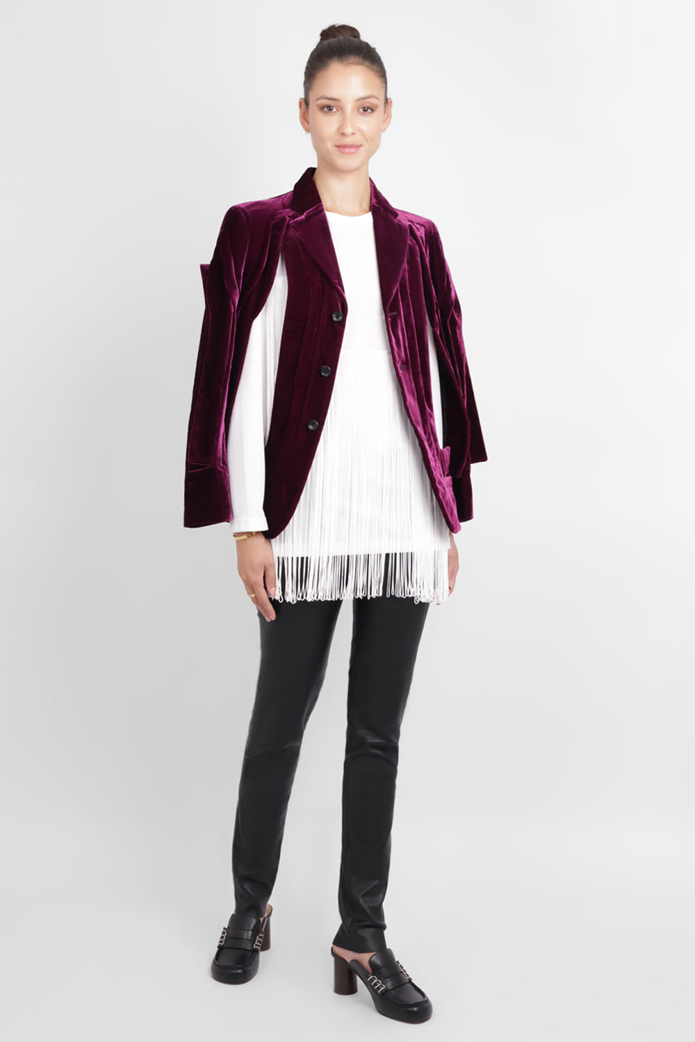 COMME DES GARCONS RTW Single Breast Velvet Cut Out Panel Jacket | Purple