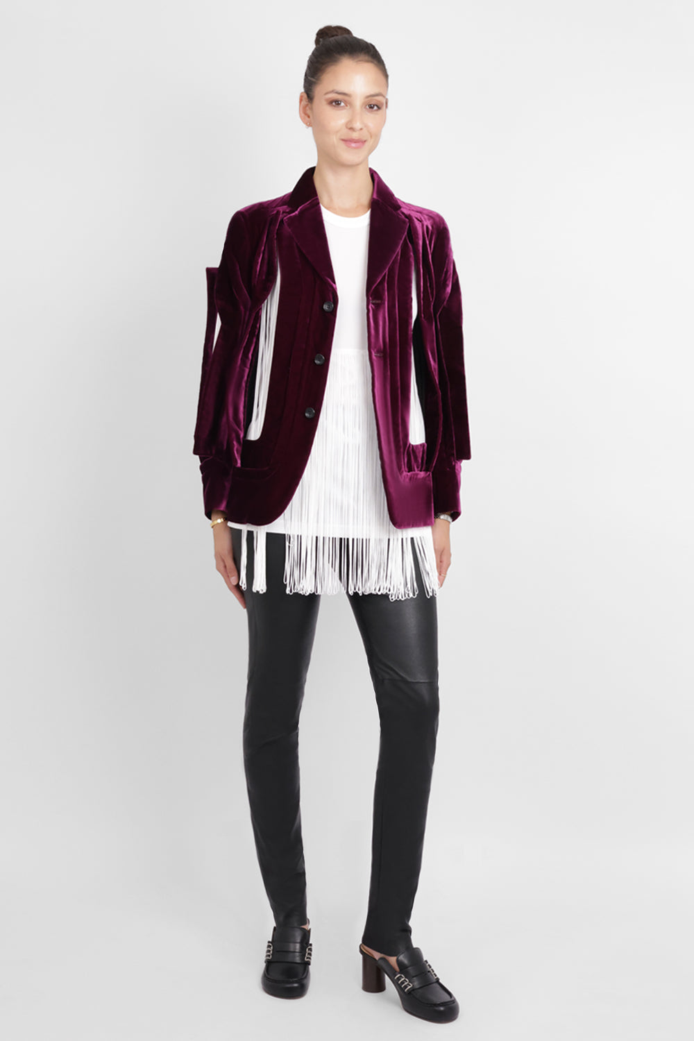 COMME DES GARCONS RTW Single Breast Velvet Cut Out Panel Jacket | Purple
