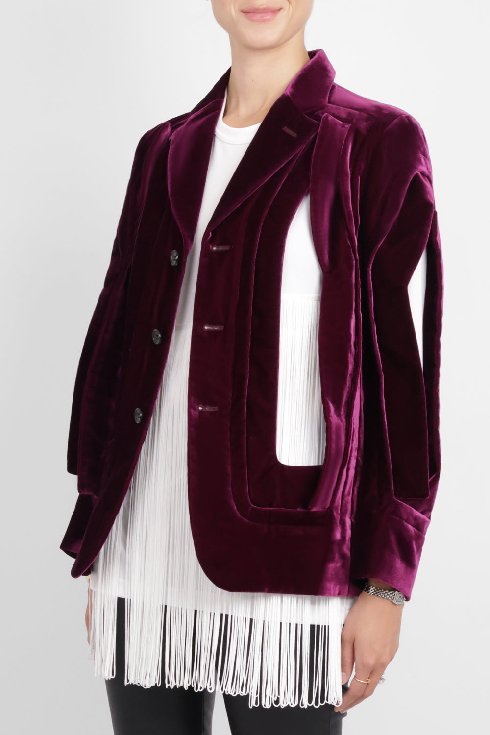 COMME DES GARCONS RTW Single Breast Velvet Cut Out Panel Jacket | Purple