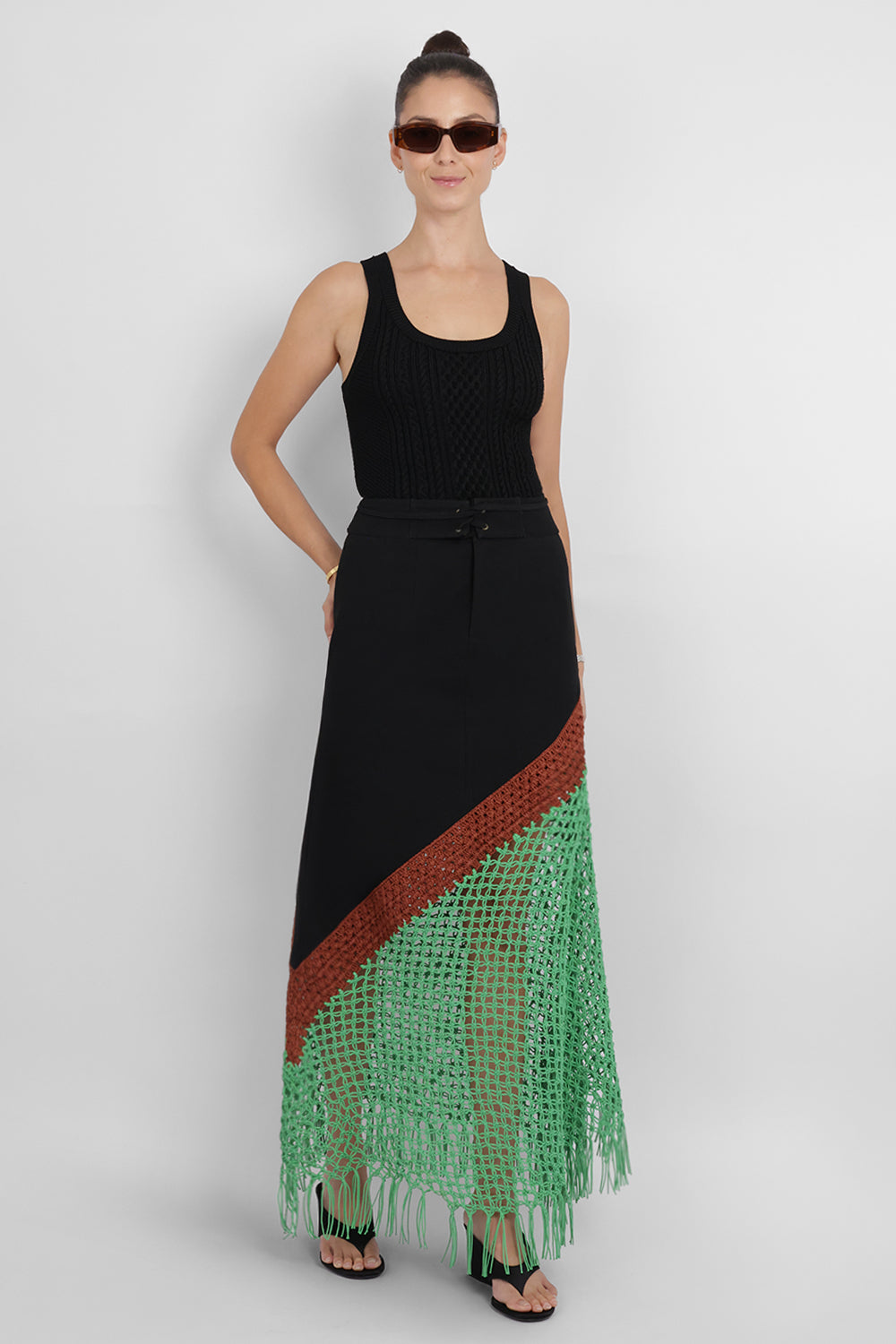 ROSIE ASSOULIN RTW Macrame Detail Midi Skirt | Black/Multi