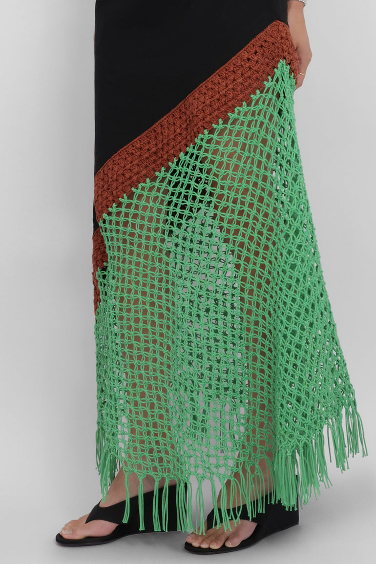 ROSIE ASSOULIN RTW Macrame Detail Midi Skirt | Black/Multi
