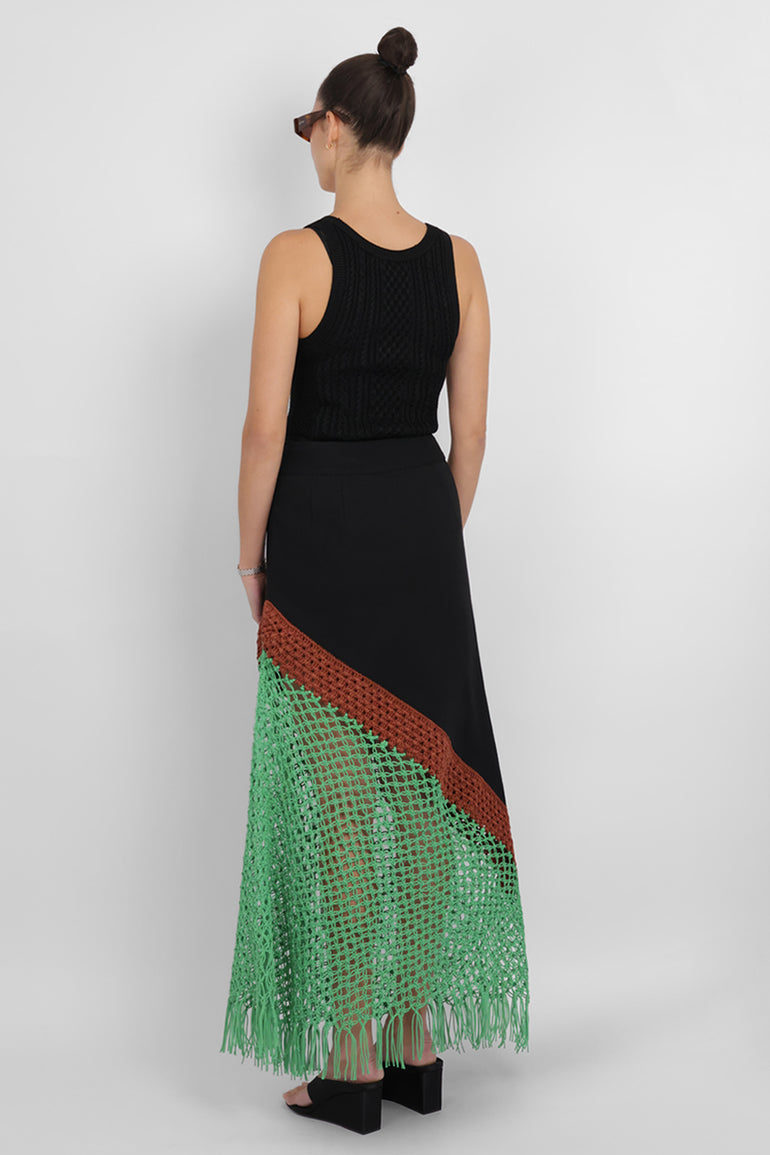 ROSIE ASSOULIN RTW Macrame Detail Midi Skirt | Black/Multi