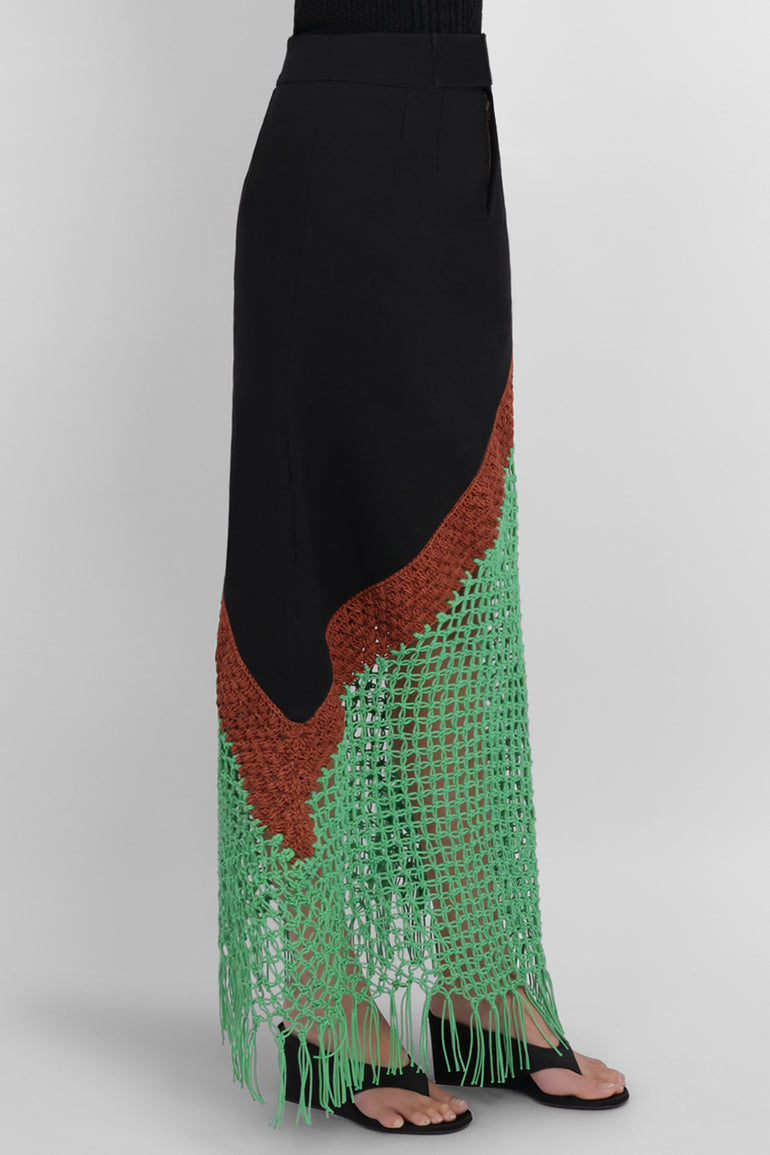 ROSIE ASSOULIN RTW Macrame Detail Midi Skirt | Black/Multi