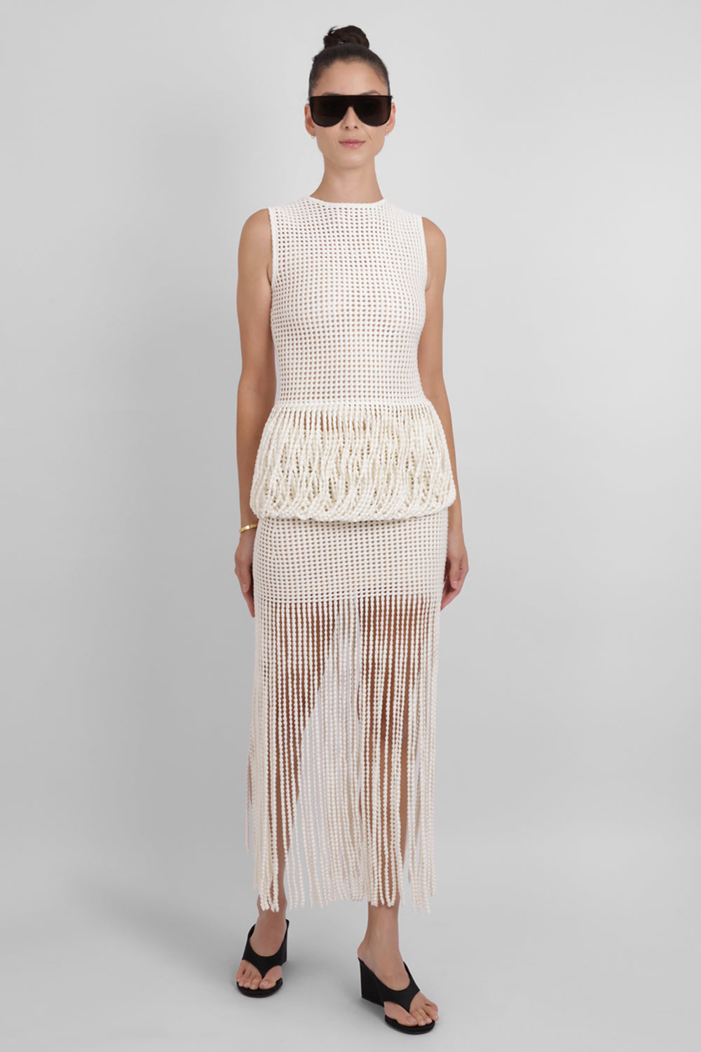 ALAIA RTW Bead Knit Column Skirt | Natural White