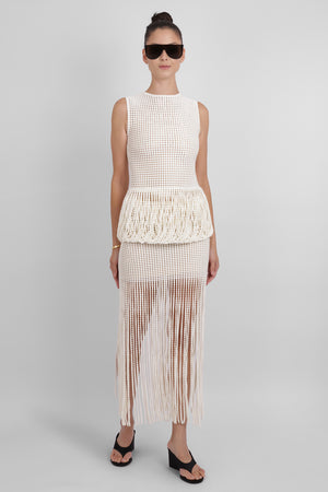 ALAIA RTW Bead Knit Column Skirt | Natural White