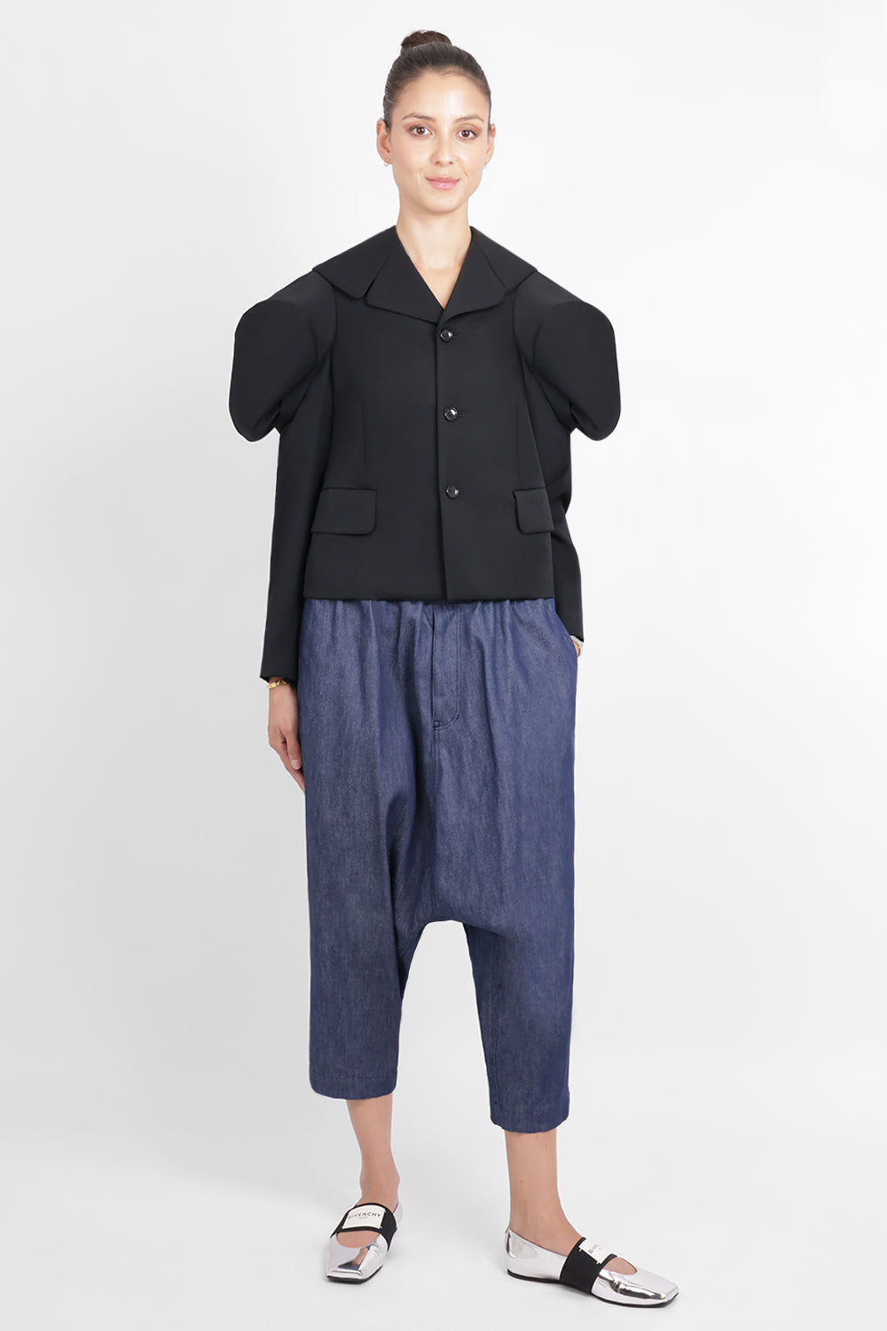 COMME DES GARCONS RTW Exaggerated Puff Sleeve Button Up Jacket With Wide Collar | Black