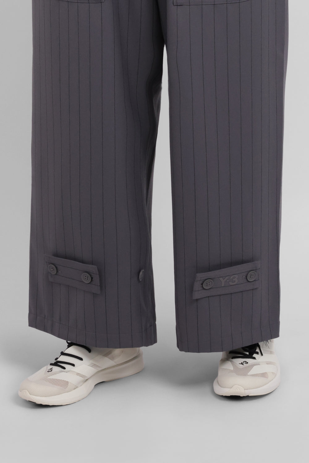 Y-3 RYW Pinstripe Sport Uniform Wide-Leg Trouser with Button Cuff Detail | Granit/Black