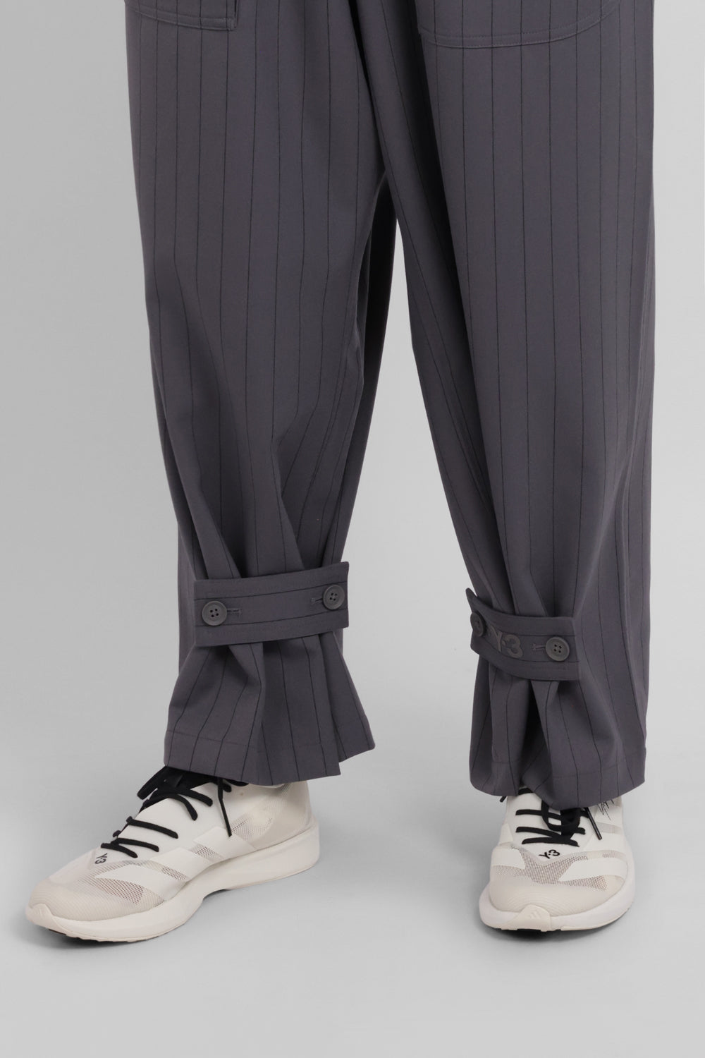 Y-3 RYW Pinstripe Sport Uniform Wide-Leg Trouser with Button Cuff Detail | Granit/Black