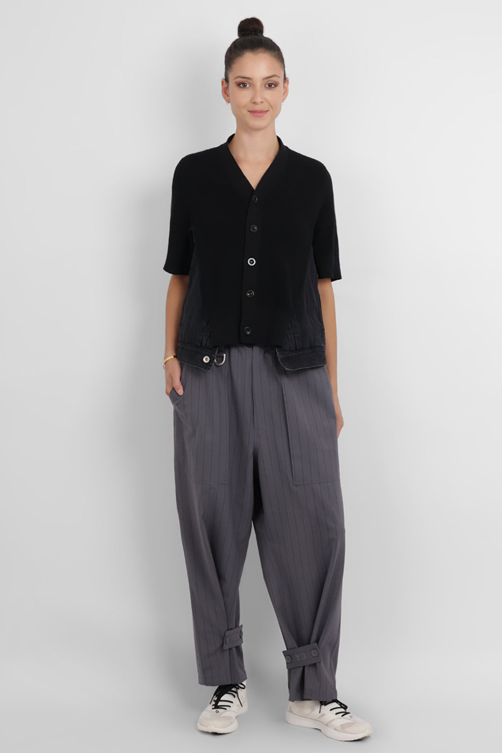 Y-3 RYW Pinstripe Sport Uniform Wide-Leg Trouser with Button Cuff Detail | Granit/Black