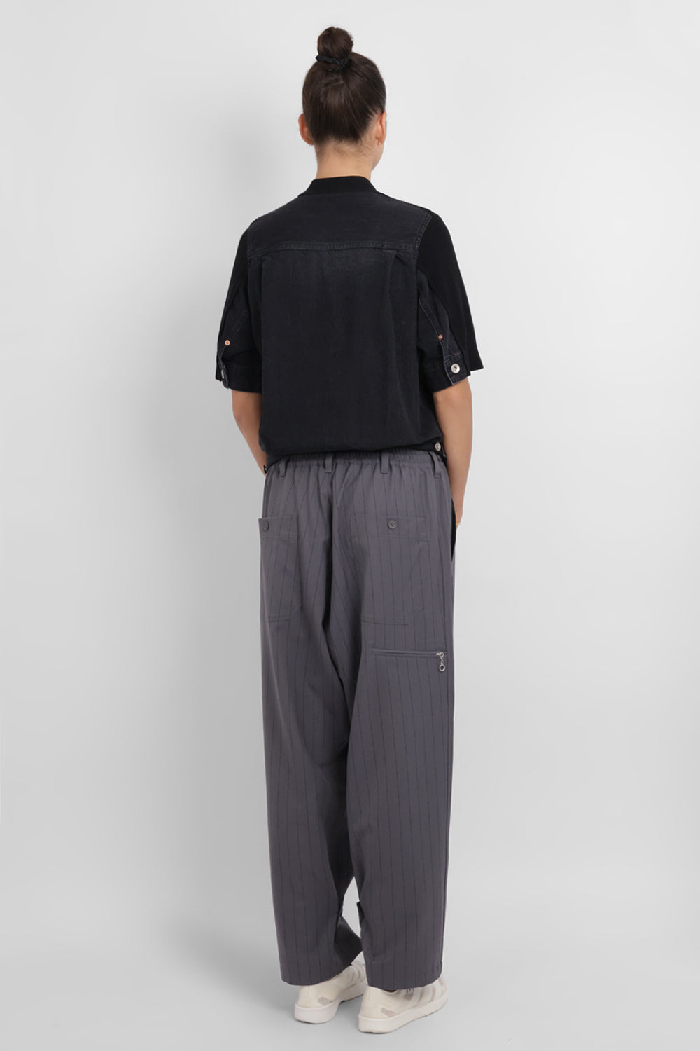 Y-3 RYW Pinstripe Sport Uniform Wide-Leg Trouser with Button Cuff Detail | Granit/Black