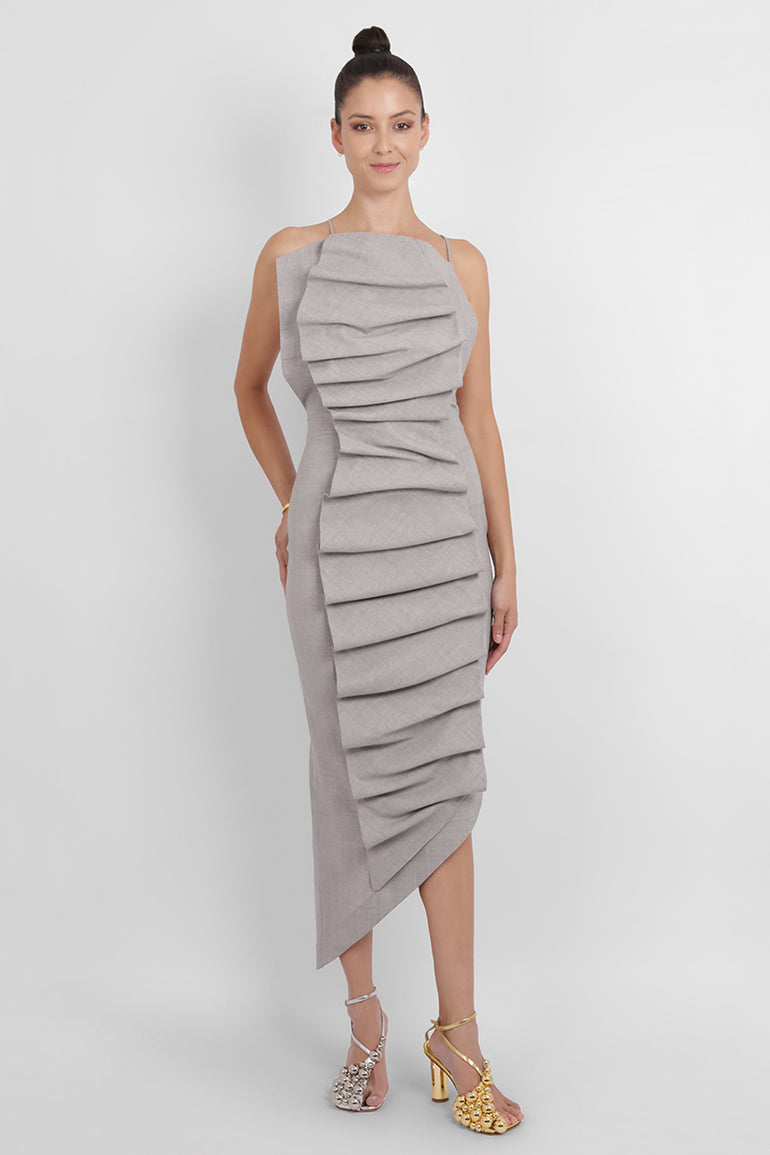 AWAKE MODE RYW Bib-Front Structured Dress with Open Back | Light Grey Melange