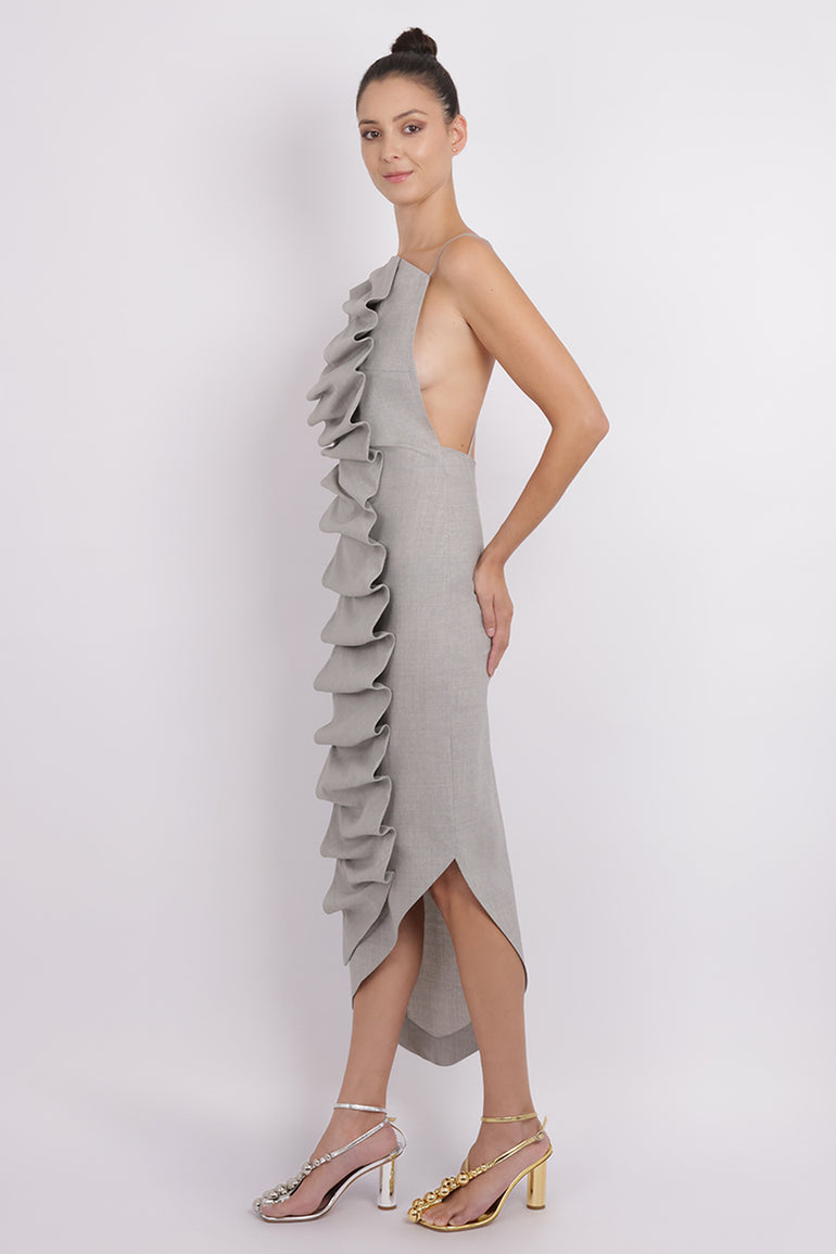 AWAKE MODE RYW Bib-Front Structured Dress with Open Back | Light Grey Melange