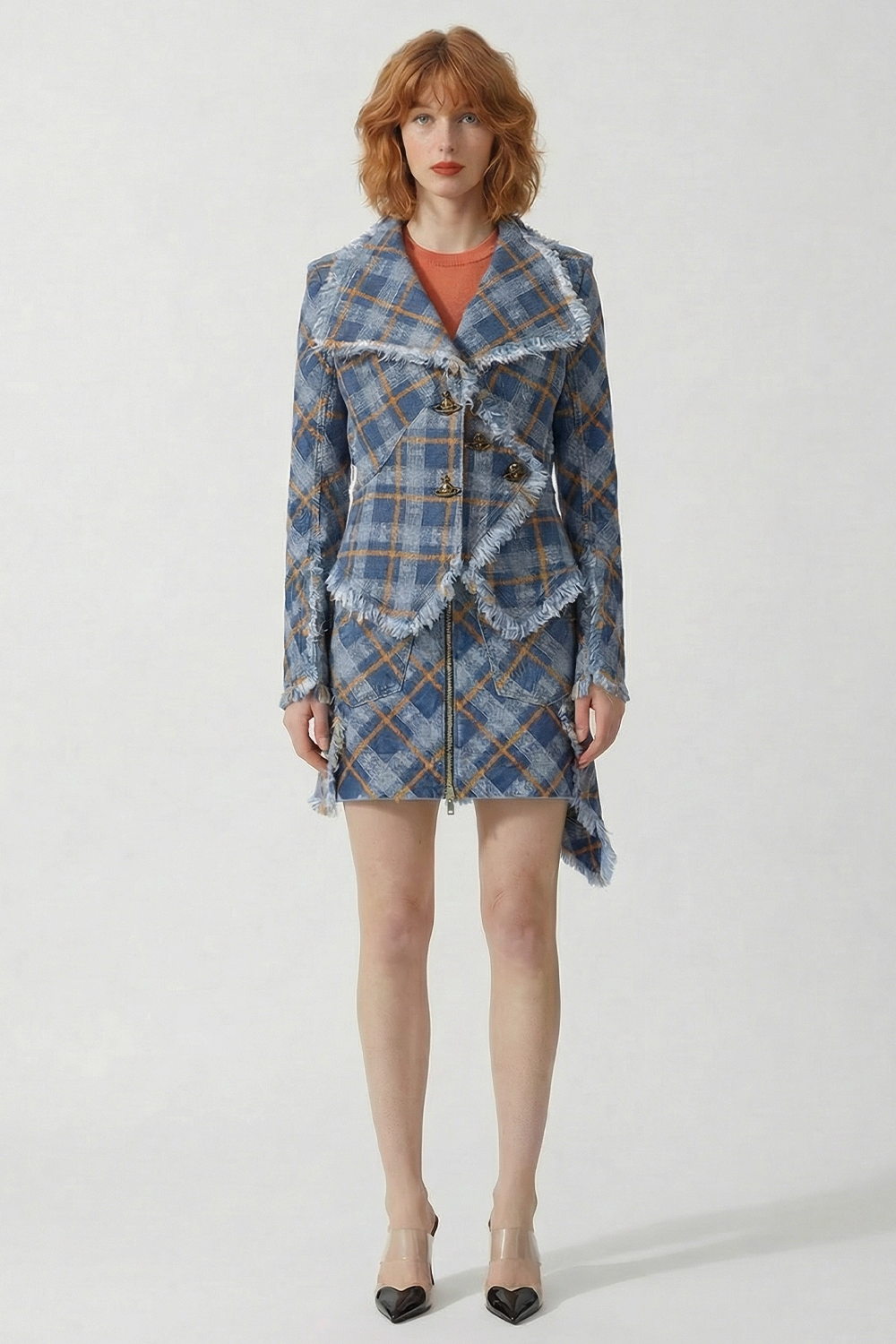 VIVIENNE WESTWOOD RTW Worth More Jacquard Fringe Denim Jacket | Blue/Orange