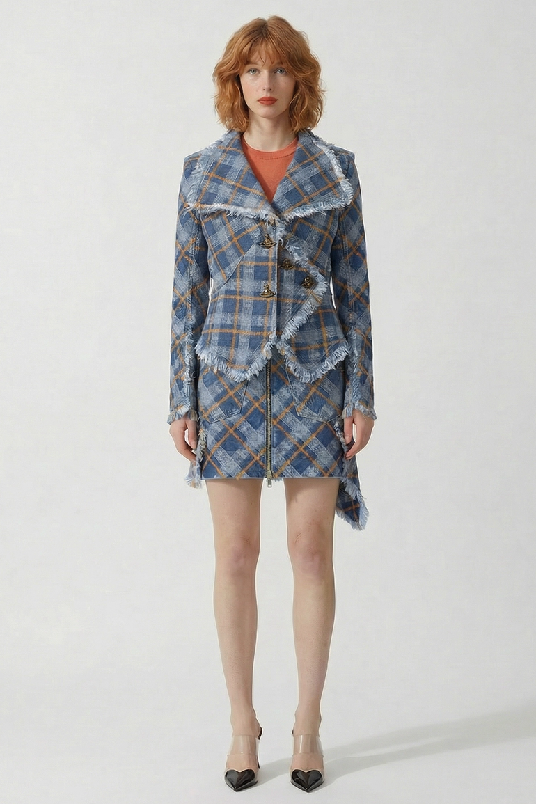 VIVIENNE WESTWOOD RTW Worth More Jacquard Fringe Denim Jacket | Blue/Orange