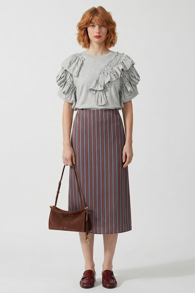 DRIES VAN NOTEN RTW Susya Stripe Midi Skirt | Burgundy/Grey
