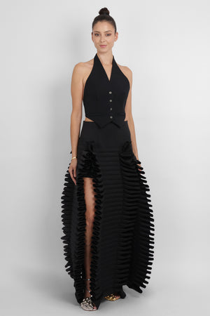 AWAKE MODE RYW Laminary Ruffle Panel Slit Skirt | Black