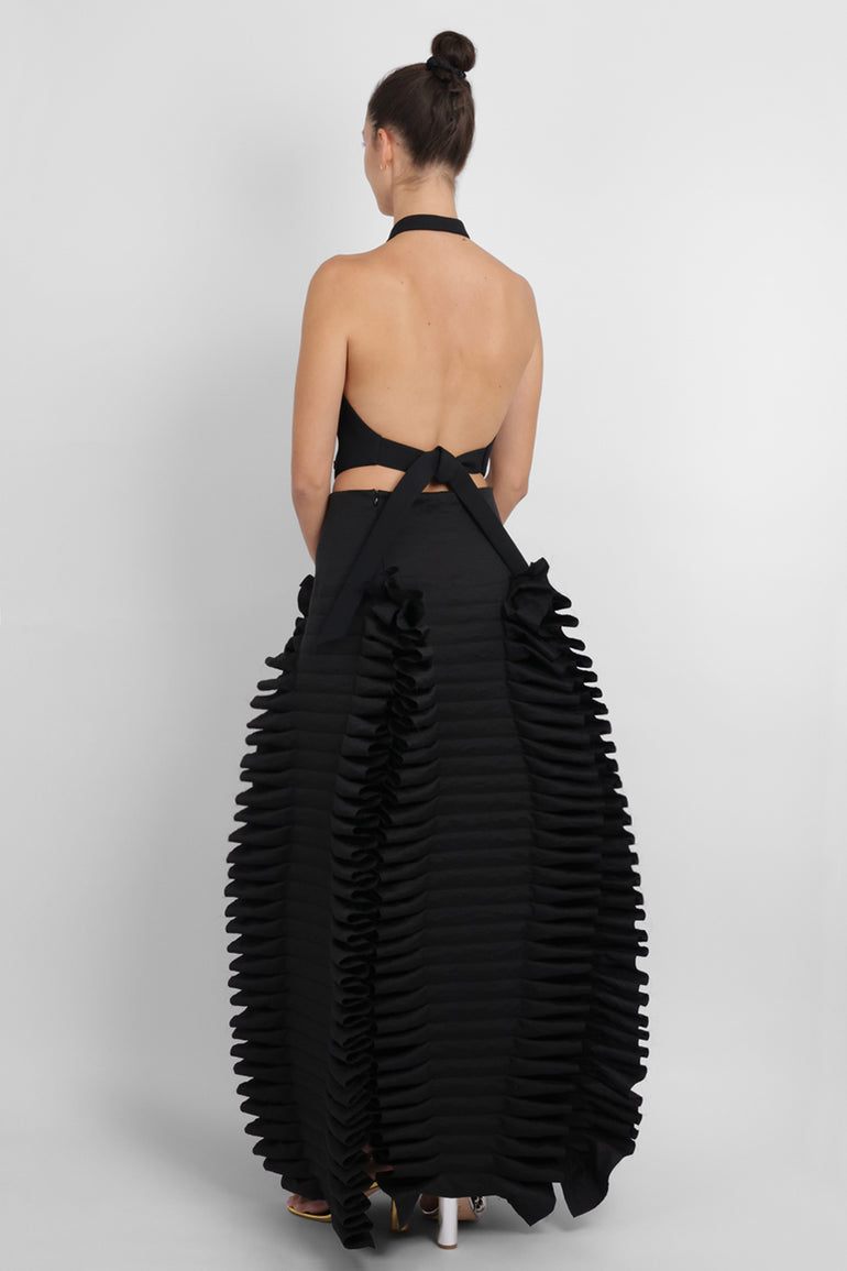 AWAKE MODE RYW Laminary Ruffle Panel Slit Skirt | Black