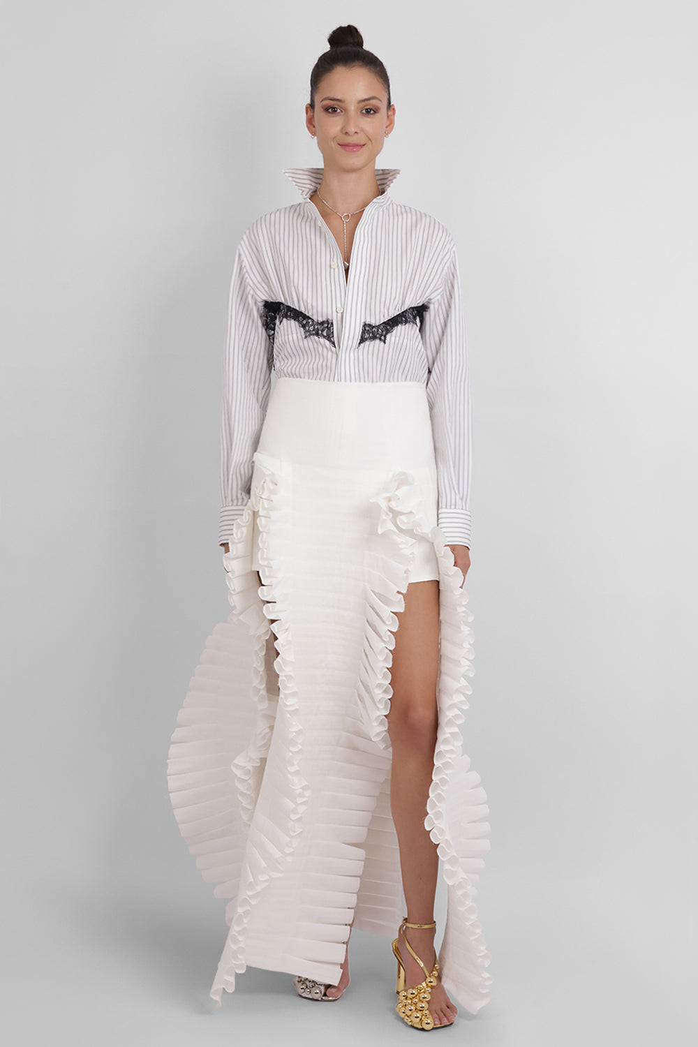 SACAI RTW Stripe Poplin Shirt with Lace Detail | Off-White Stripe
